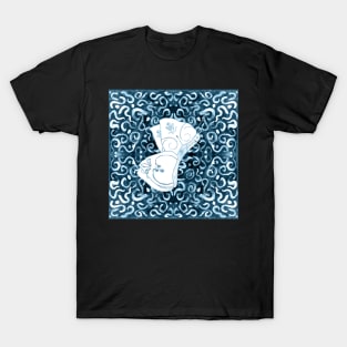 butterflies on muted teal and blue pattern of swirls and dots for kids and nursery T-Shirt